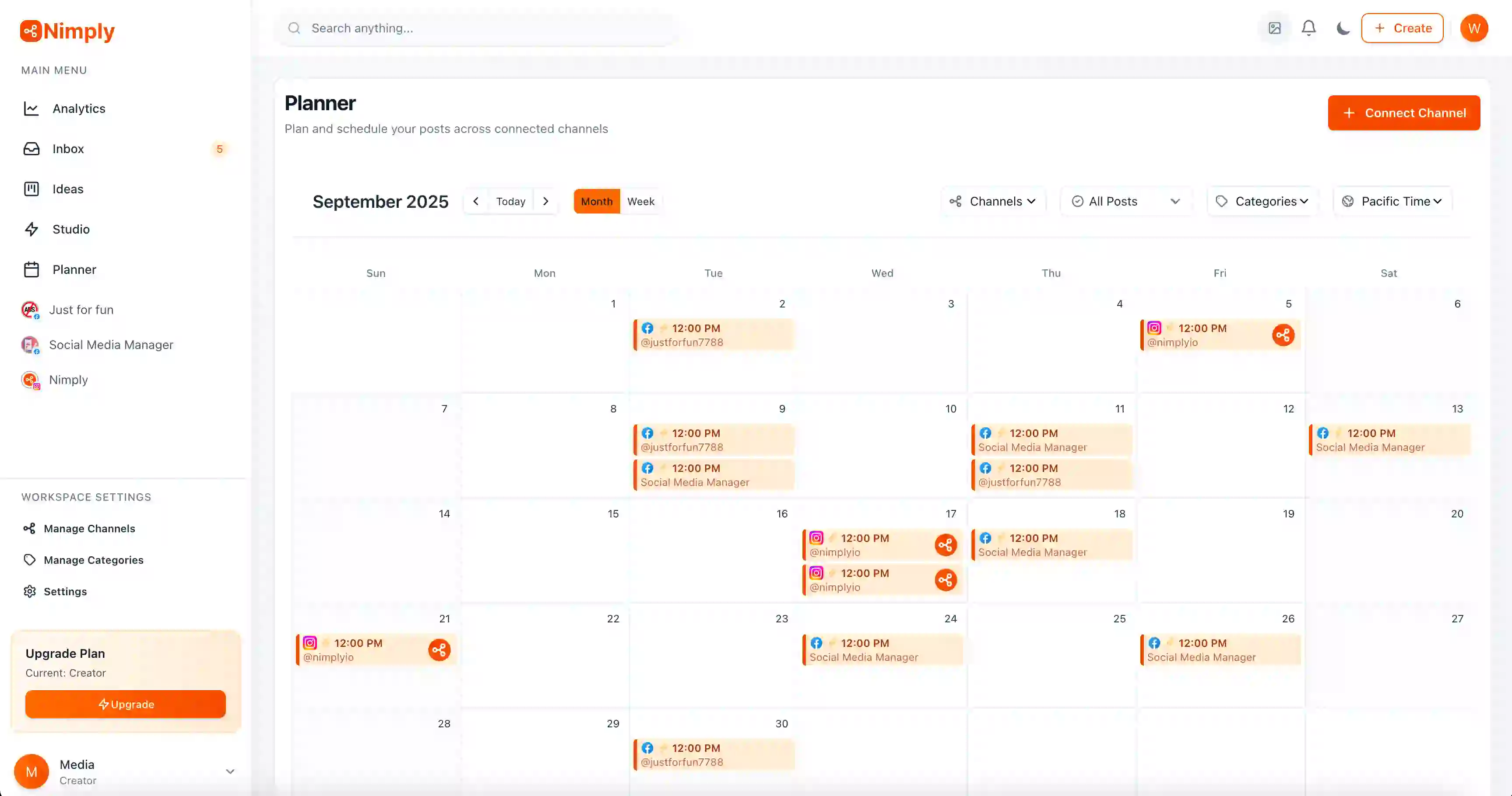 Nimply dashboard — schedule social media posts across all platforms from one screen