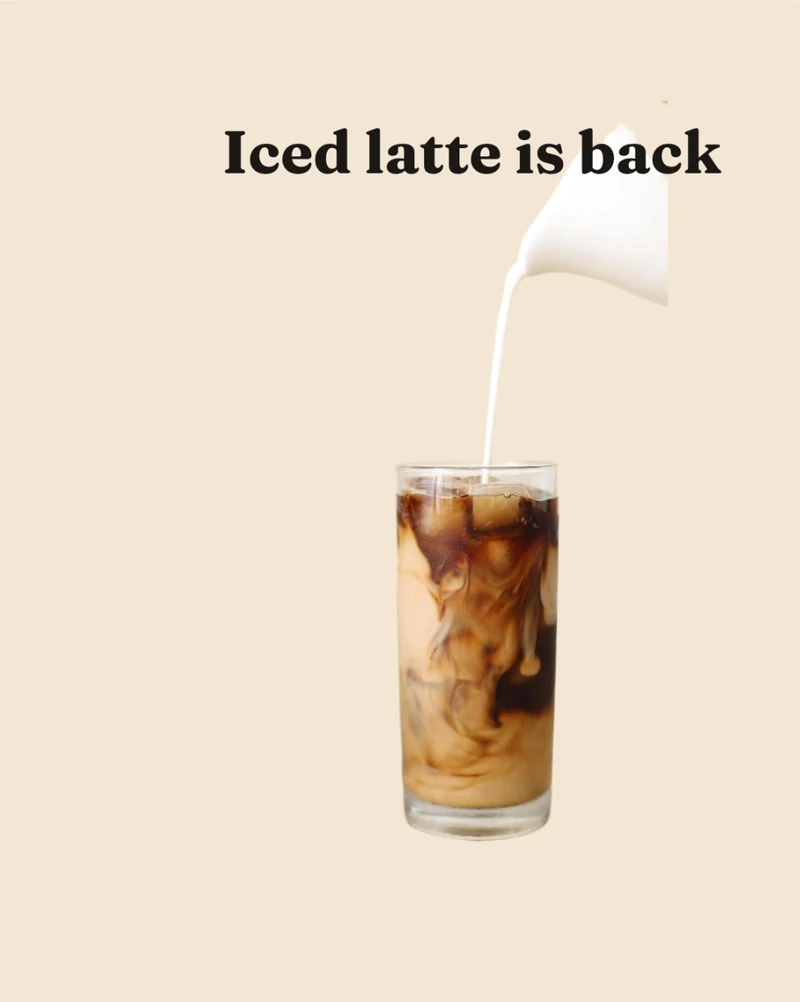 After: the same iced coffee cut out by BG Remover, placed on a cream brand-colour background under the headline 'Iced latte is back'.