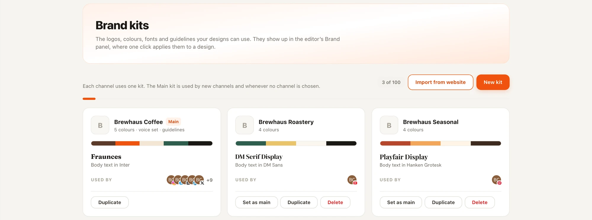 The Brand kits page with three kits for one coffee business, each with its colours, heading and body fonts and the channels that use it, plus Import from website and New kit buttons.