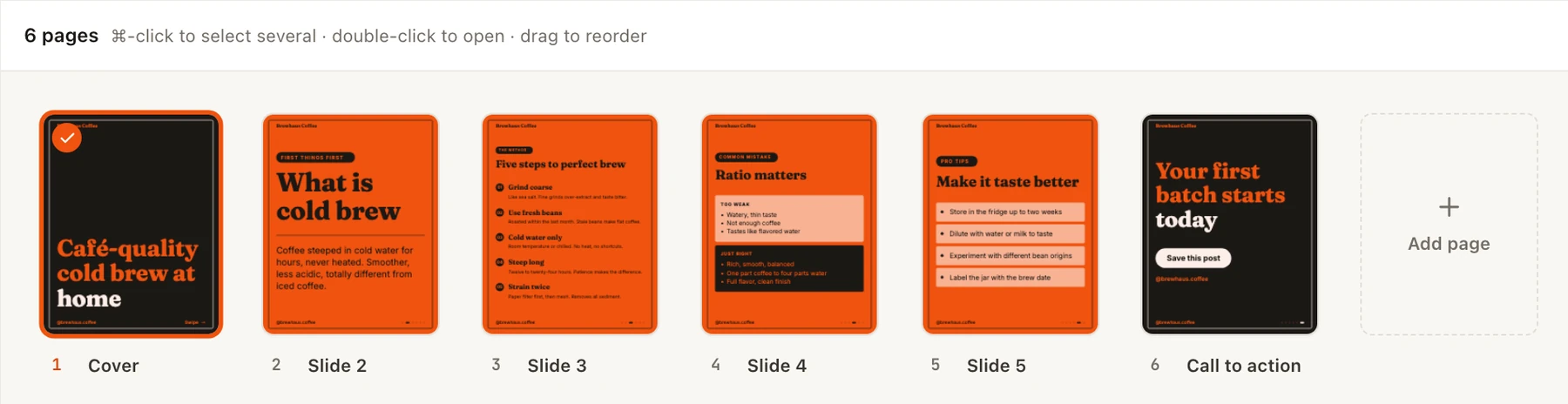 The six pages the Designer agent made for 'Café-quality cold brew at home', from cover to call to action, in the brand's colours.