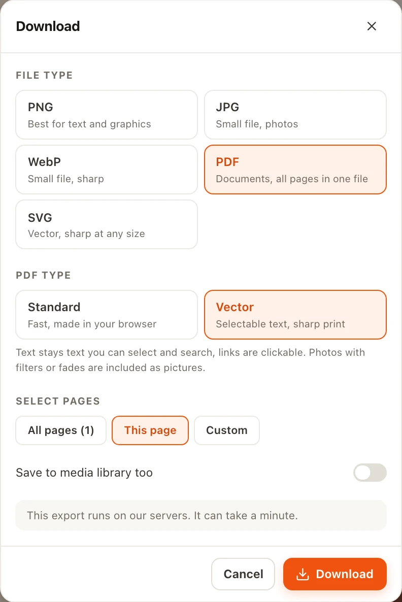 The Download dialog with PNG, JPG, WebP, PDF and SVG options, Vector PDF selected, page selection and a 'Save to media library too' switch.