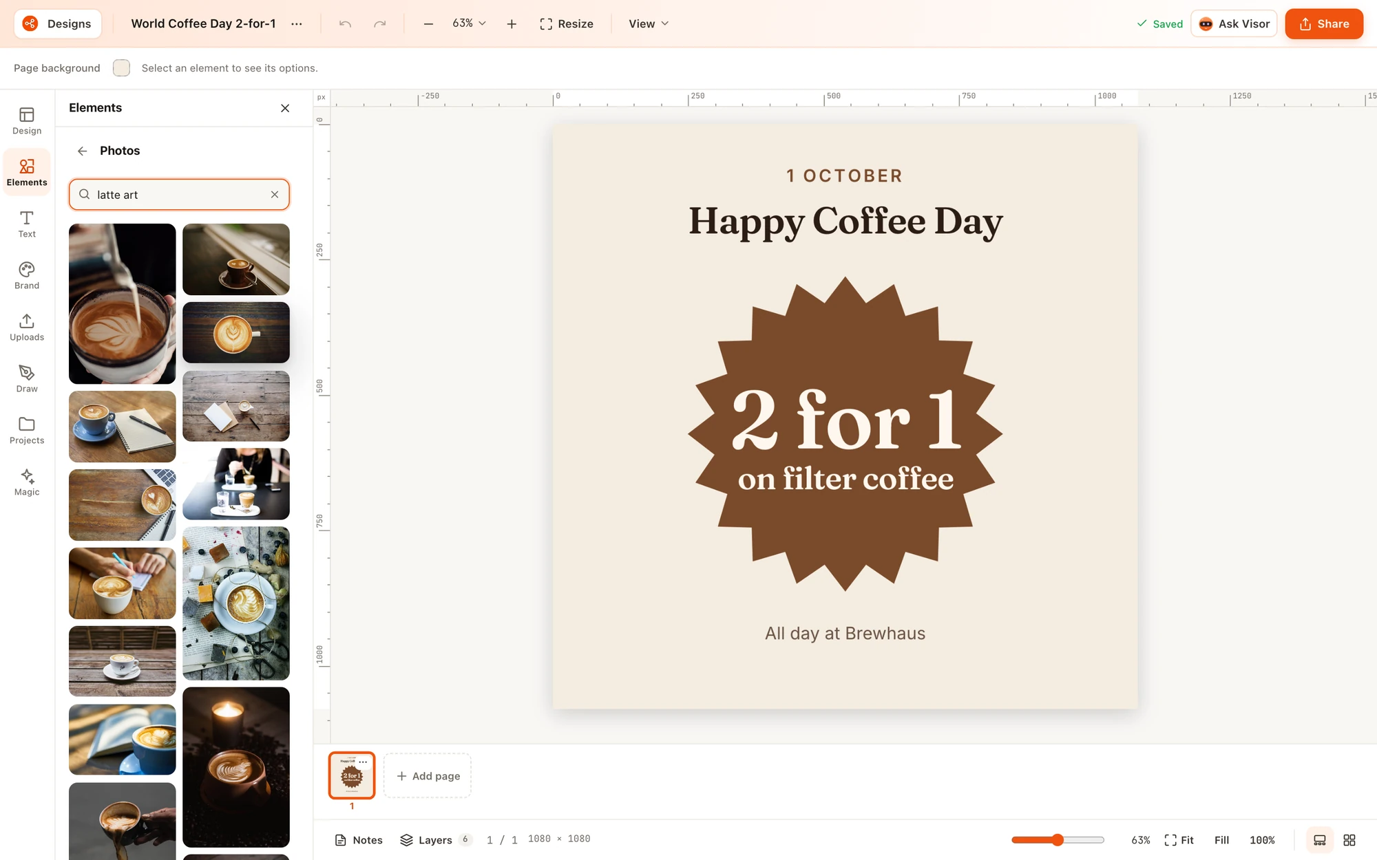 The Elements panel searching stock photos for 'latte art', showing a grid of coffee photos beside a World Coffee Day design.