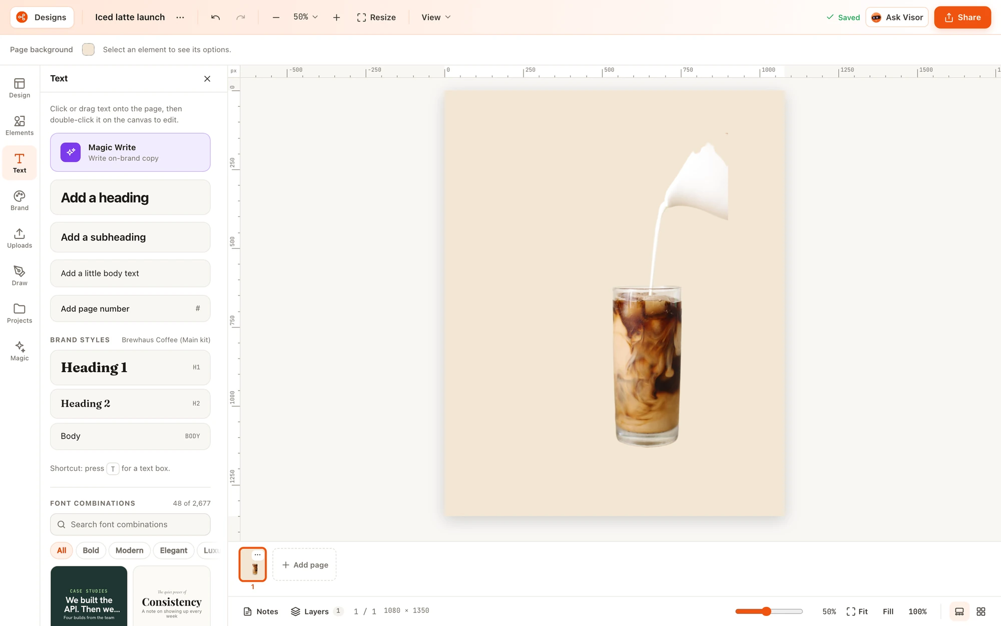 The Text panel in the editor with Magic Write, heading and body presets, brand text styles and a library of 2,677 font combinations, next to an iced latte design.