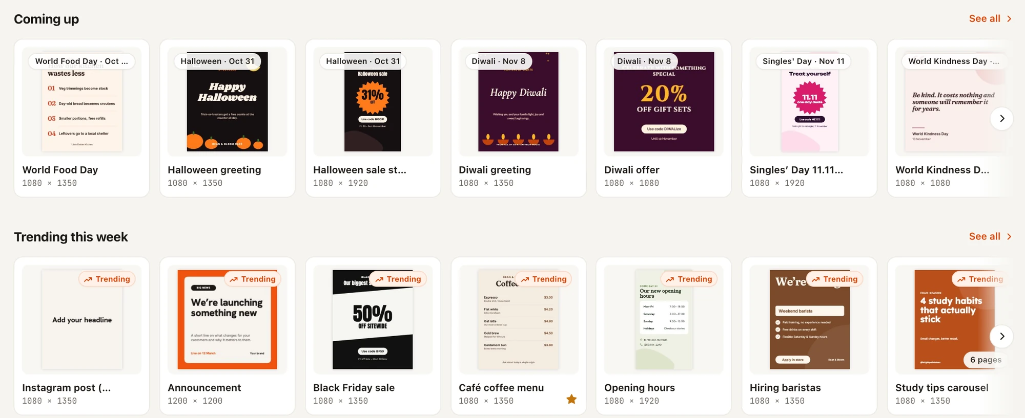 Two rows on the Design home: Coming up, with templates for upcoming dates such as World Food Day, Halloween, Diwali and Singles' Day, and Trending this week.