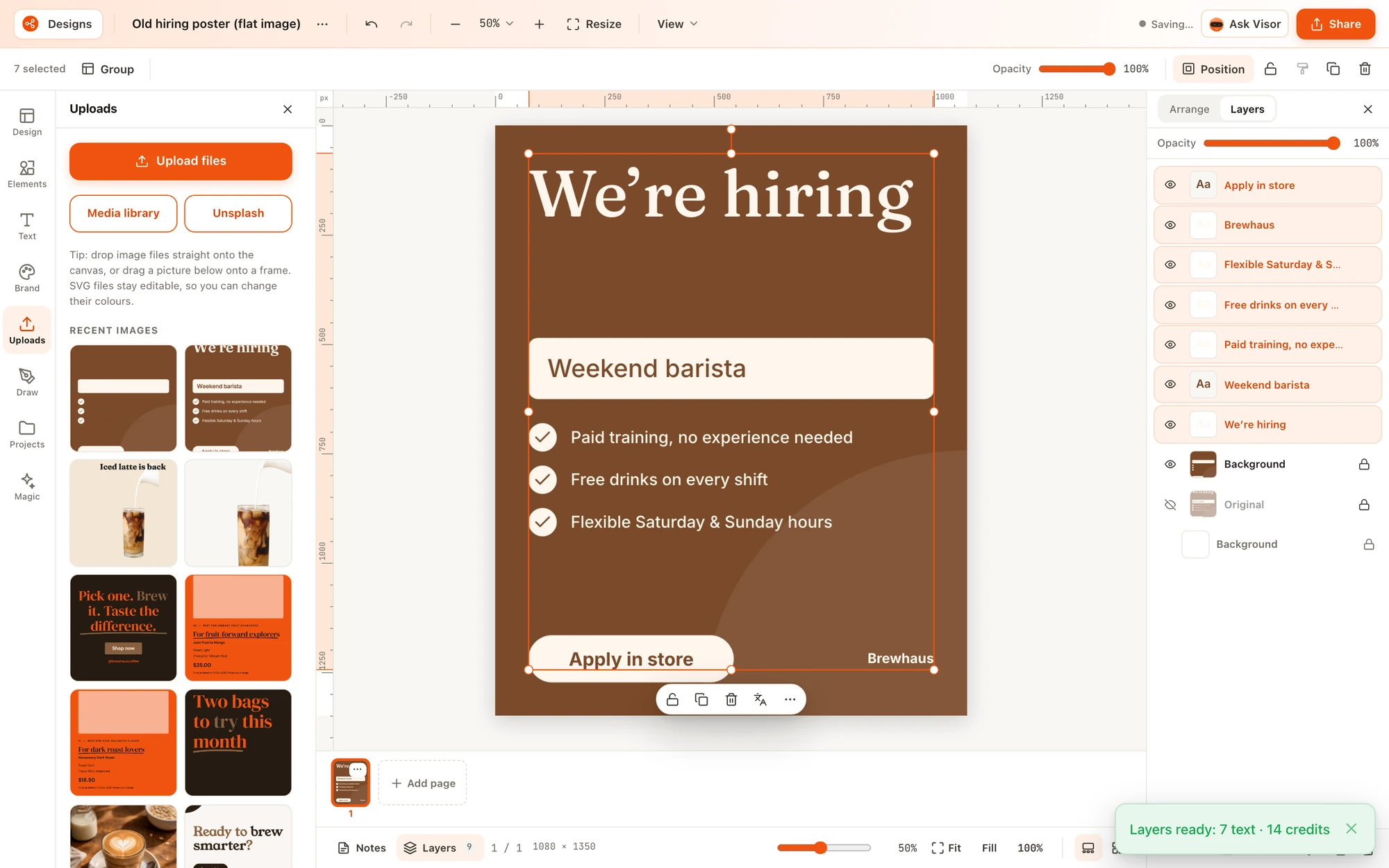 After Magic Layers: the hiring poster is now seven editable text layers over a clean background, listed in the Layers panel, with a message saying 'Layers ready: 7 text'.