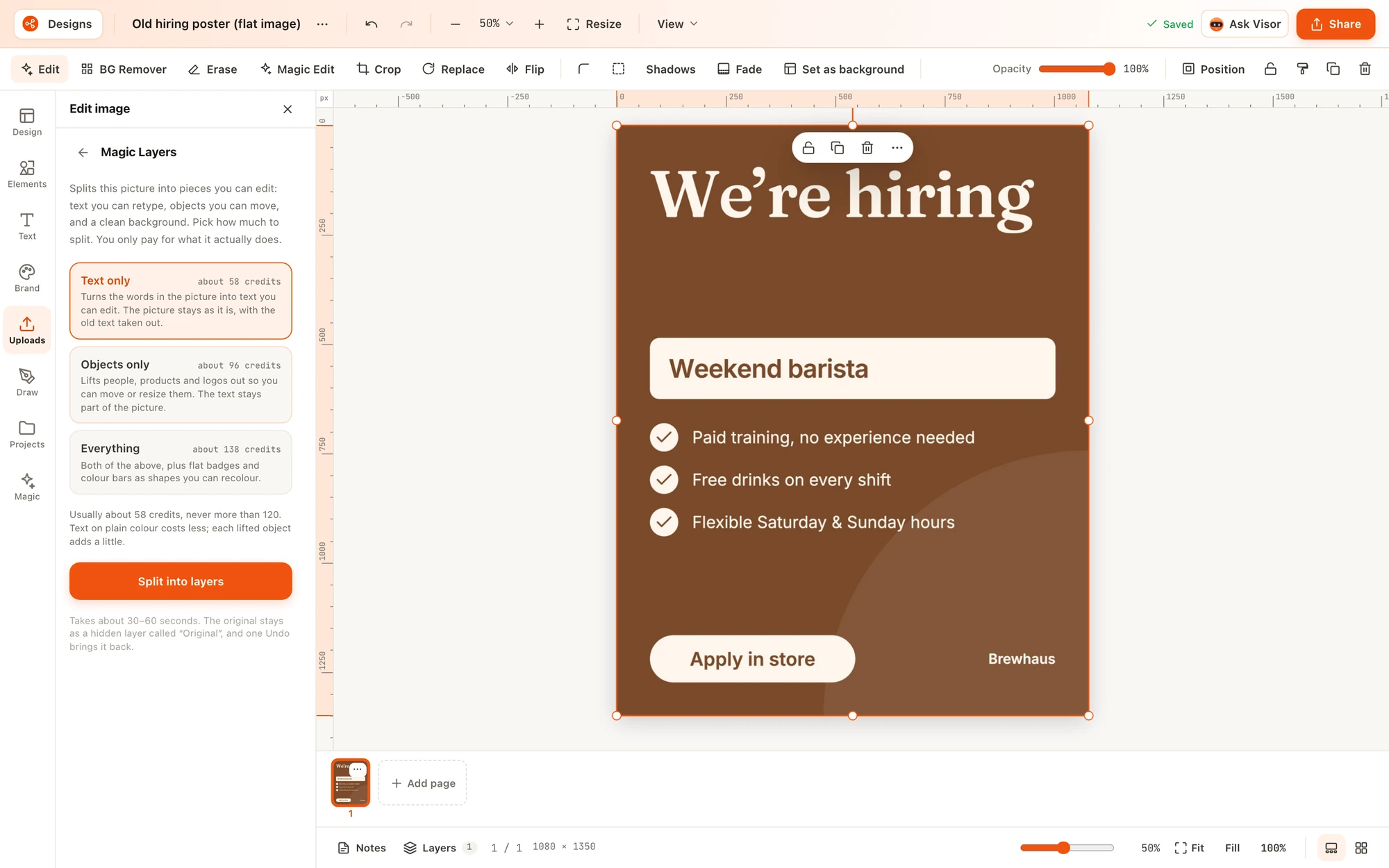 Magic Layers options for a flat image of a hiring poster: Text only, Objects only or Everything, each with an approximate credit cost, and a Split into layers button.