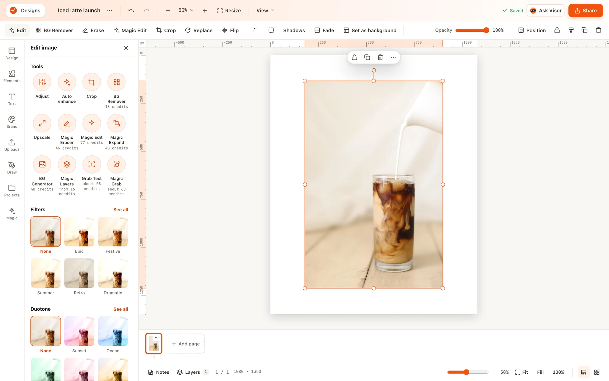 The Edit image panel for a photo of an iced latte, with tools for Adjust, Auto enhance, Crop, BG Remover, Upscale, Magic Eraser, Magic Edit, Magic Expand, BG Generator, Magic Layers, Grab Text and Magic Grab, each showing its credit cost, plus filters and duotones.