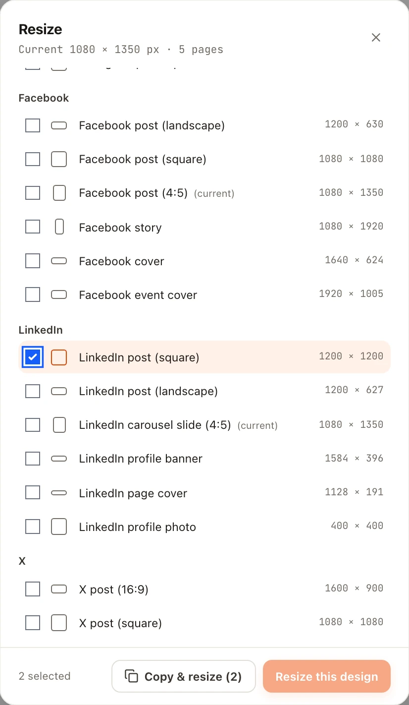 The Resize dialog listing Facebook, LinkedIn and X sizes with checkboxes, two sizes selected, and buttons for Copy & resize or Resize this design.