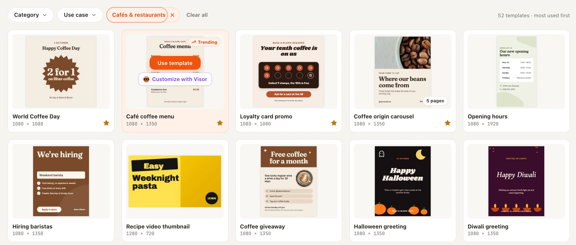 The template gallery filtered to cafés and restaurants, showing 52 templates including a coffee menu marked Trending, a loyalty card, a coffee origin carousel and opening hours, with starred favourites and Use template and Customize with Visor buttons.
