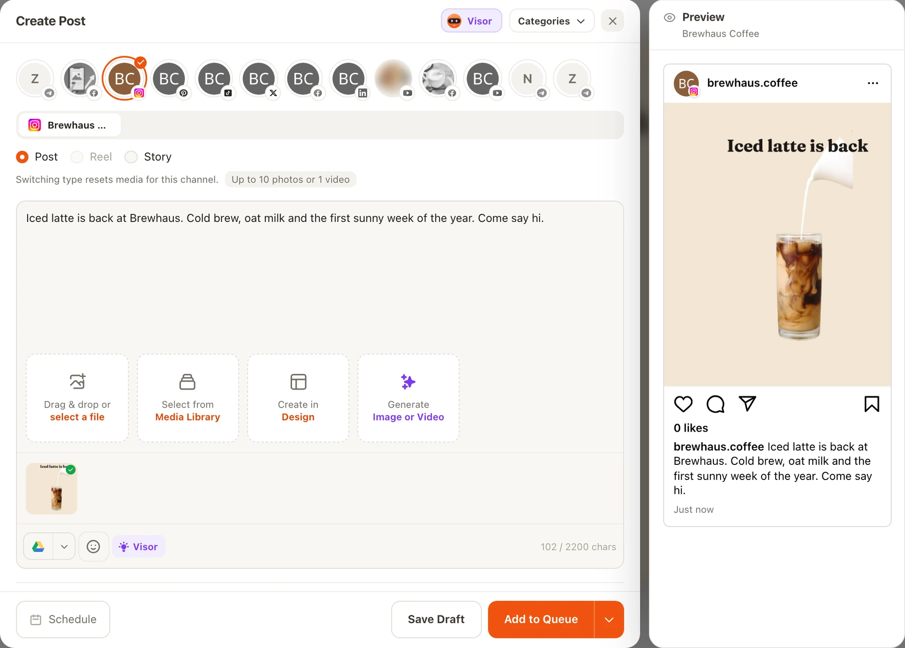 Use in post: the post composer opened from Design with the iced latte graphic attached, an Instagram caption, Save Draft and Add to Queue buttons, and an Instagram preview on the right.