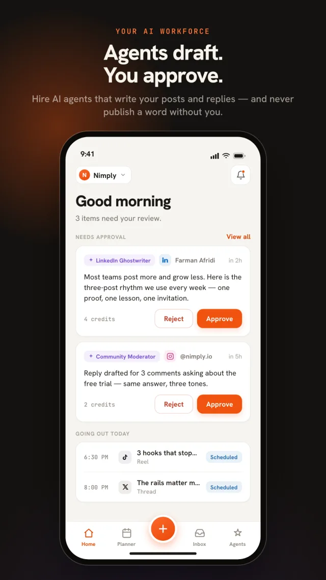 Nimply mobile app home screen with the AI agent approval queue