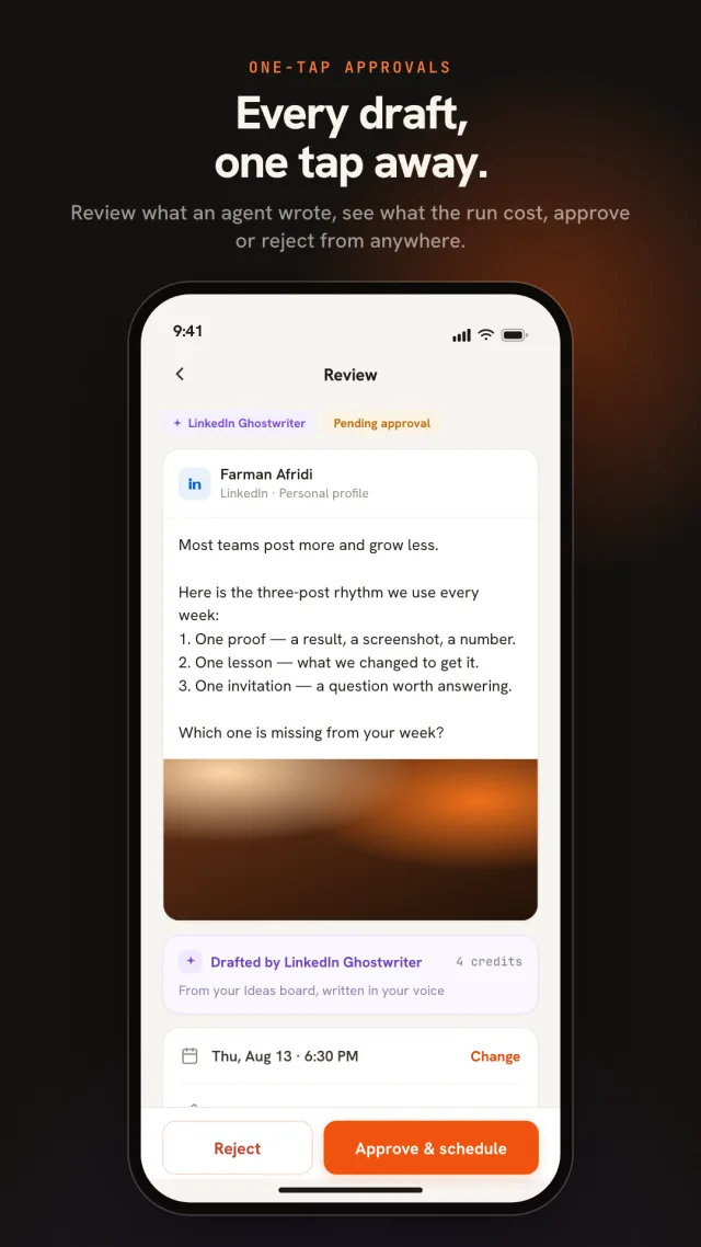 Approval detail in the Nimply app — review an AI agent's draft, see the run cost, approve or reject