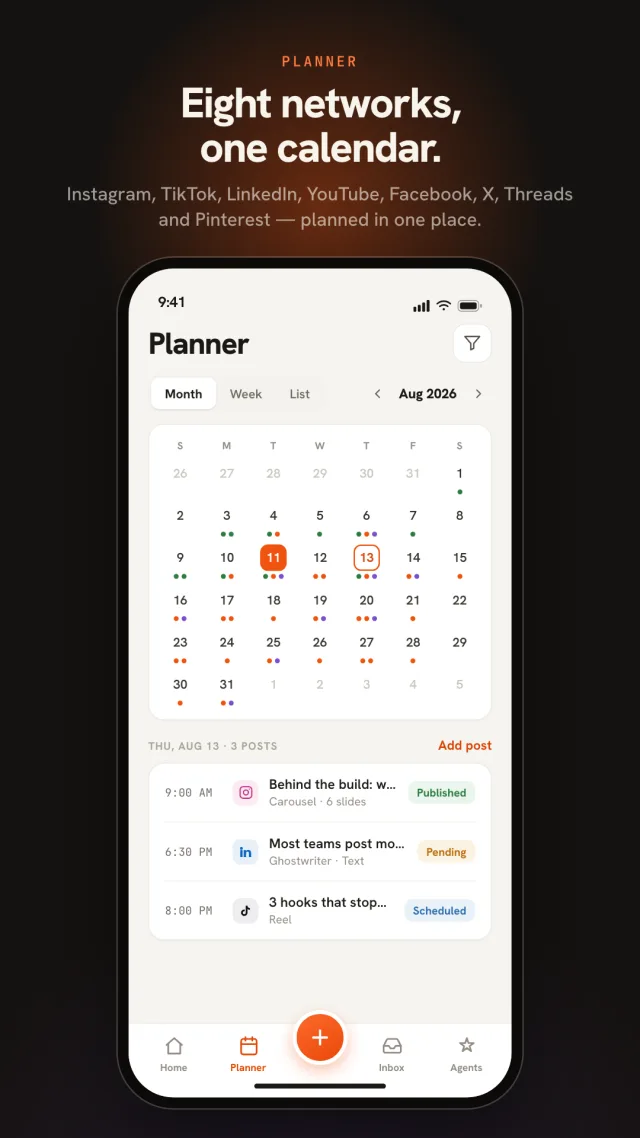 Nimply mobile app calendar planner showing scheduled posts for eight networks
