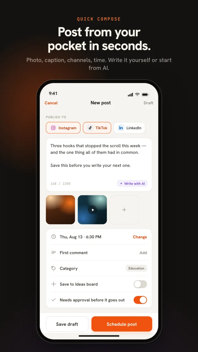 The Nimply mobile composer creating a post for multiple social networks