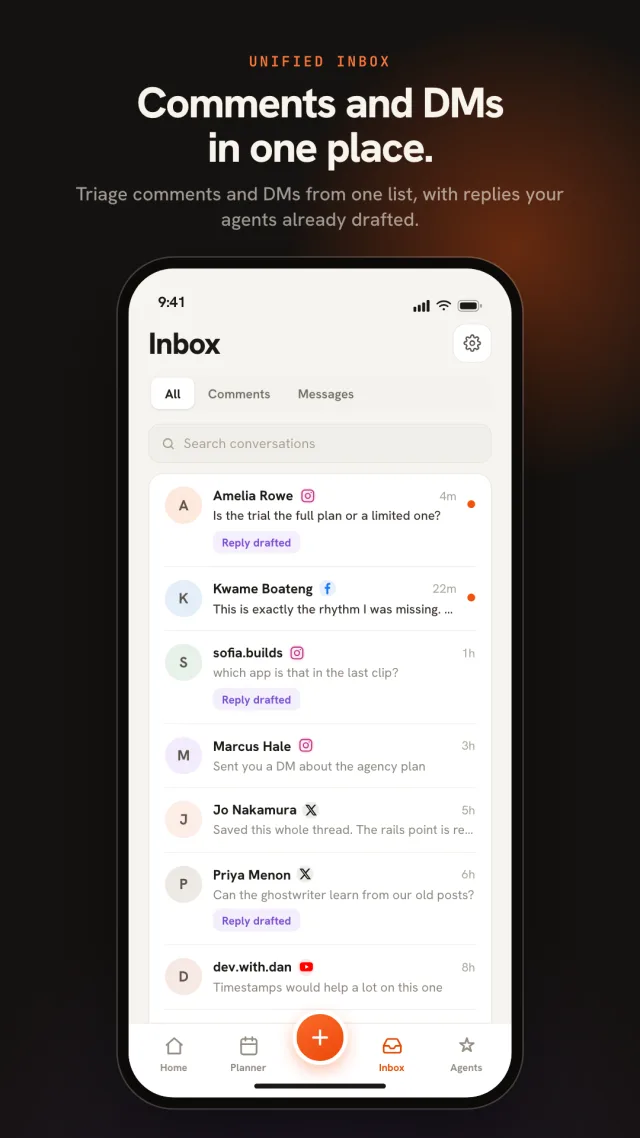 The Nimply unified inbox on mobile with comments and DMs from connected channels