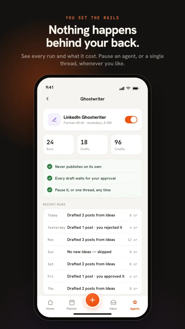 An agent's detail screen in the Nimply app showing run history, credit costs, and the pause switch