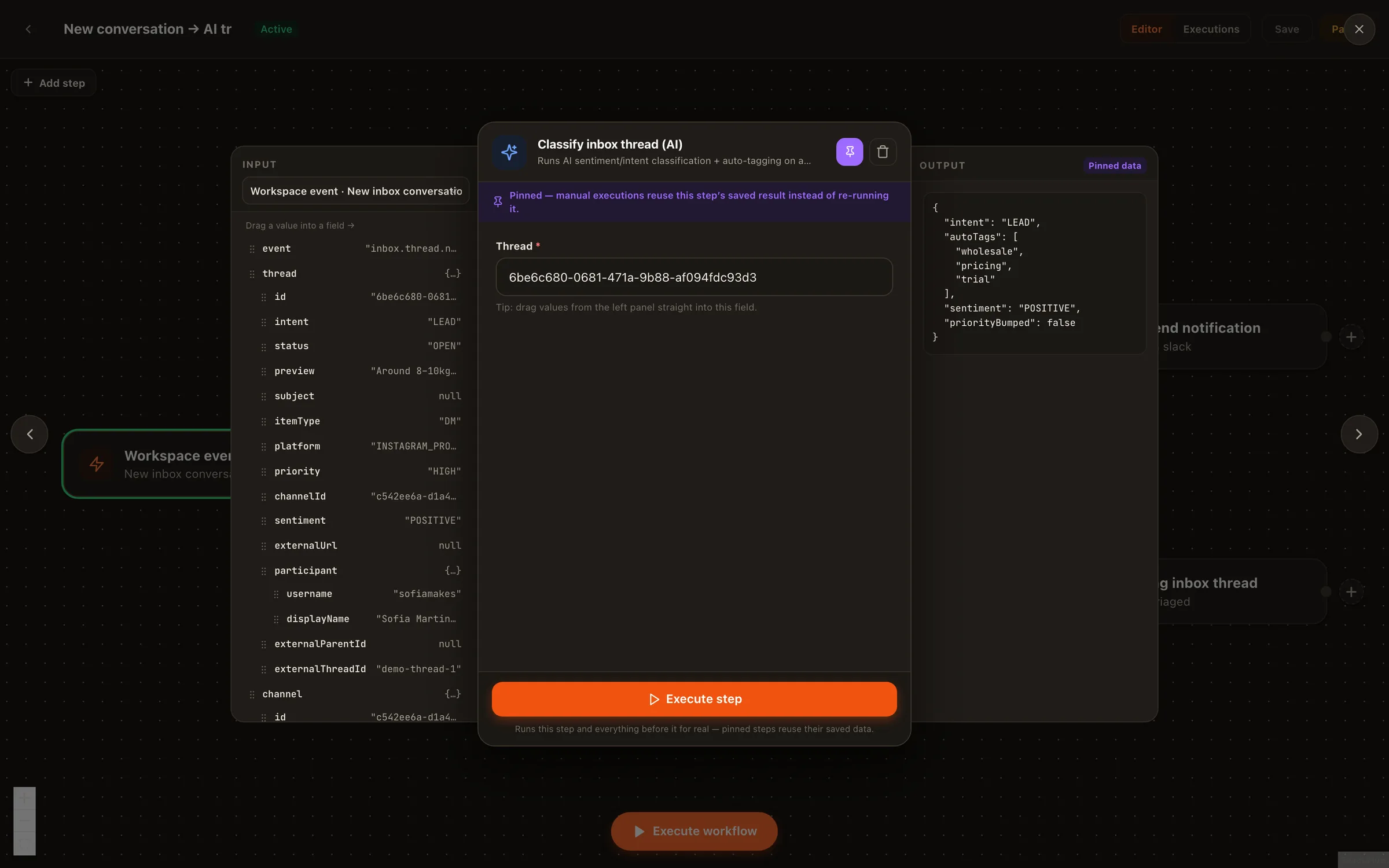 The Nimply automation node editor open on a node, showing its configuration fields
