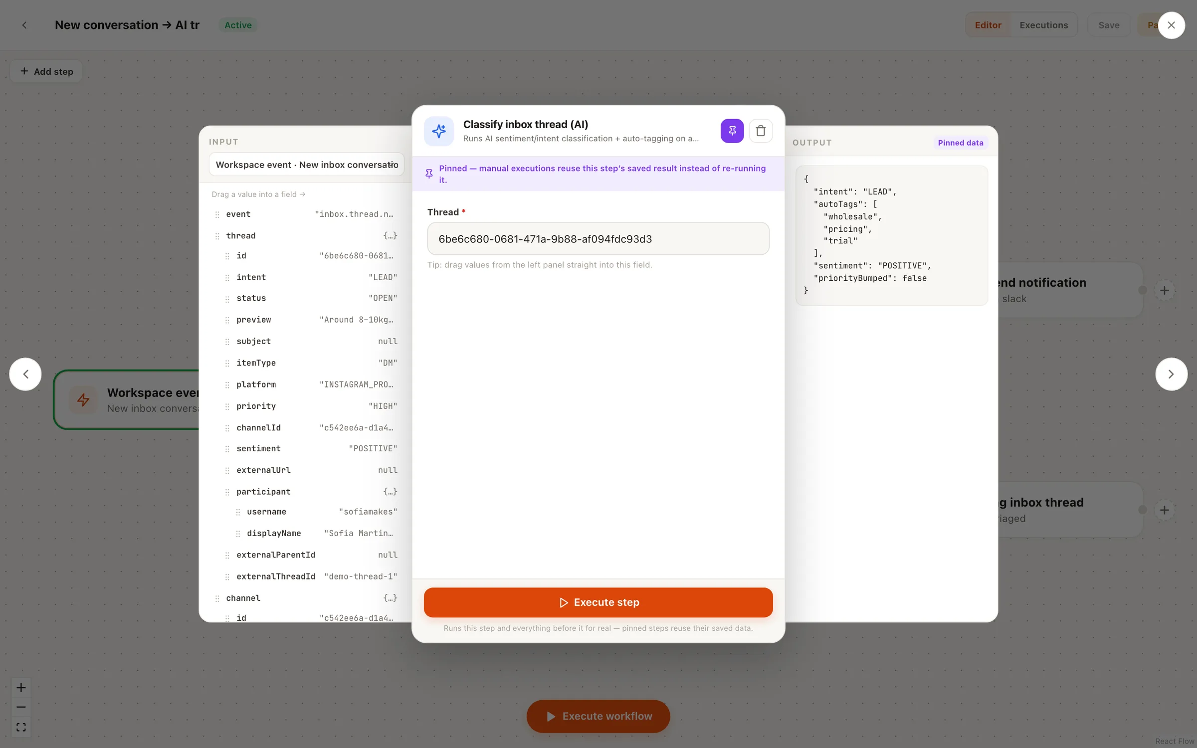 The Nimply automation node editor open on a node, showing its configuration fields