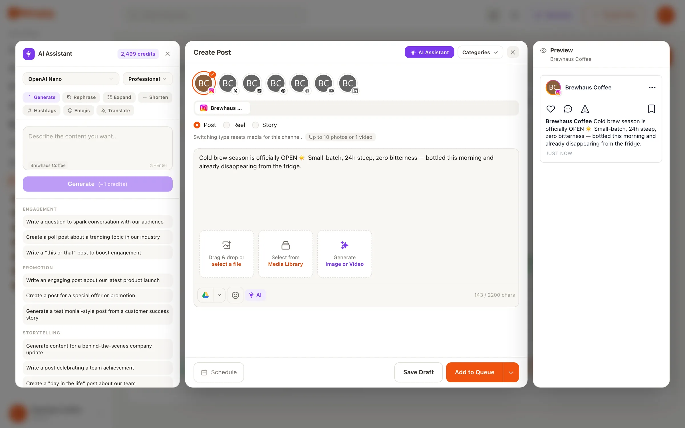 The Nimply composer with the AI Assistant generating caption options next to the post editor