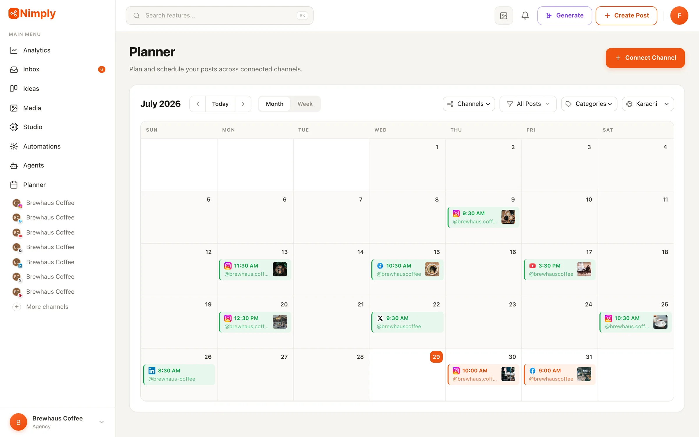 The Nimply dashboard showing scheduled posts and shortcuts into the planner, inbox, and agents