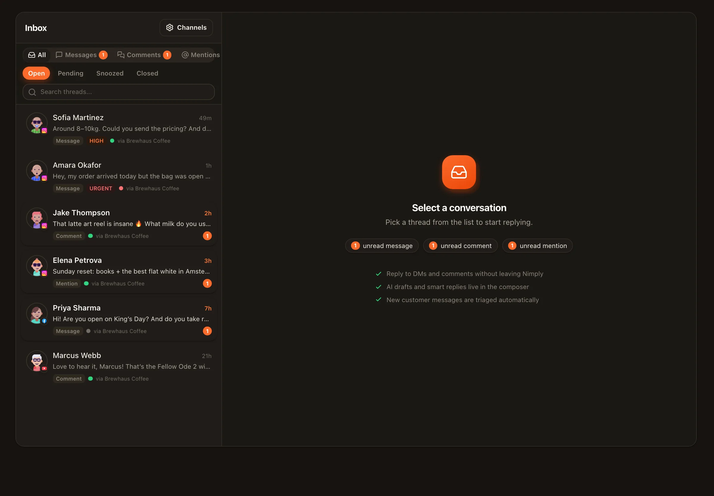 The Nimply unified inbox showing comments across channels with tags and priorities applied