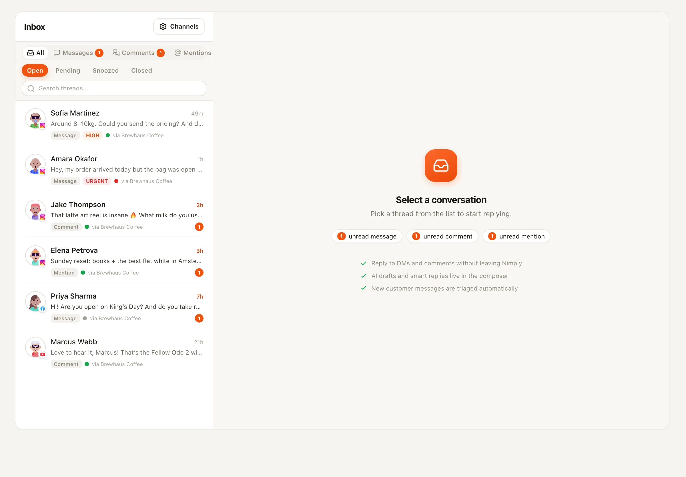 The Nimply unified inbox showing comments across channels with tags and priorities applied
