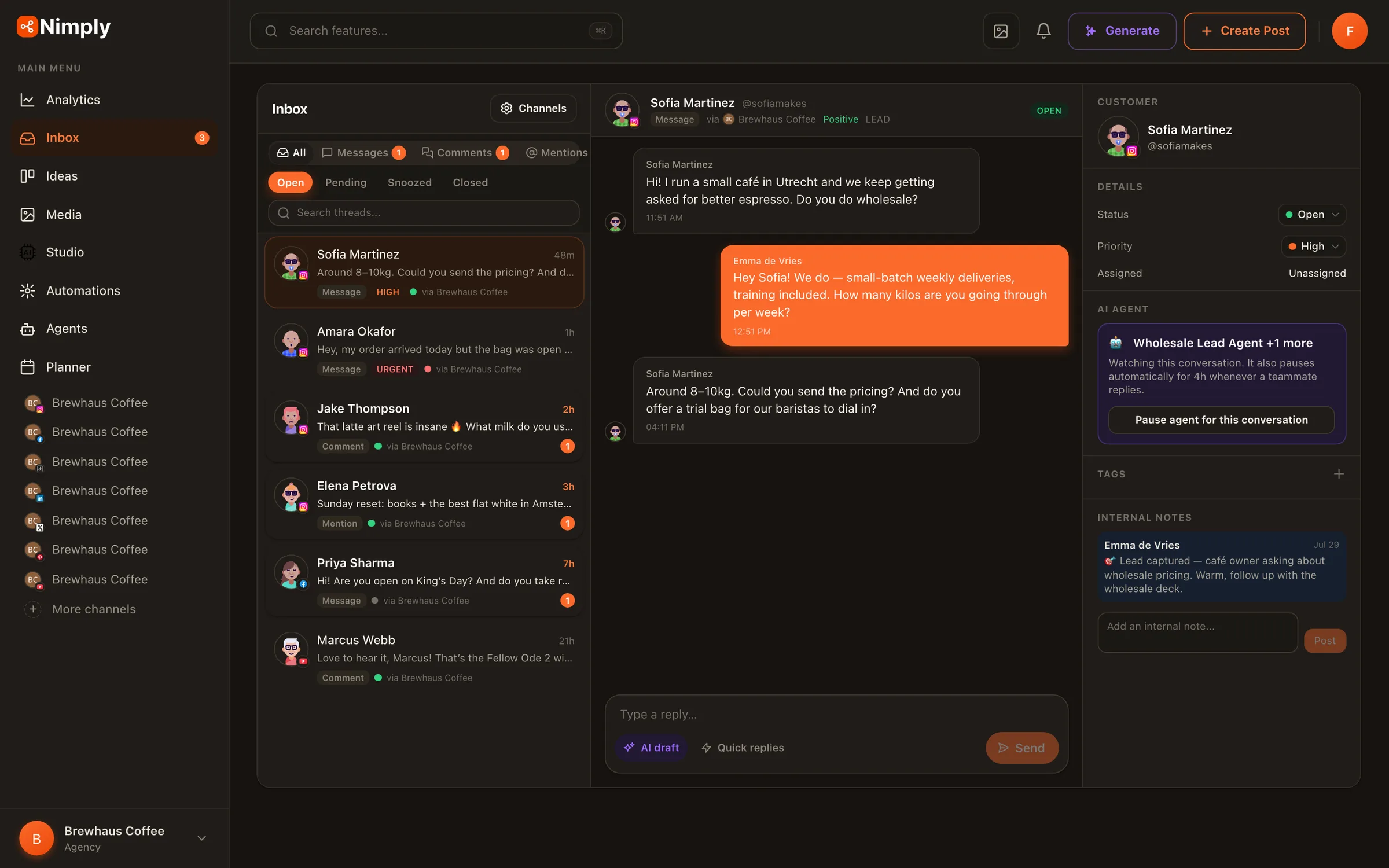 An open conversation thread in the Nimply inbox with reply box, notes, and conversation history