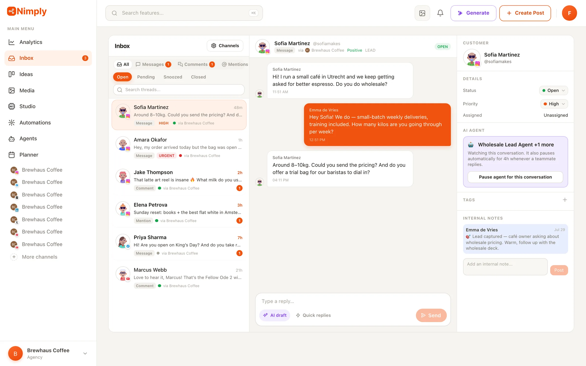 An open conversation thread in the Nimply inbox with reply box, notes, and conversation history