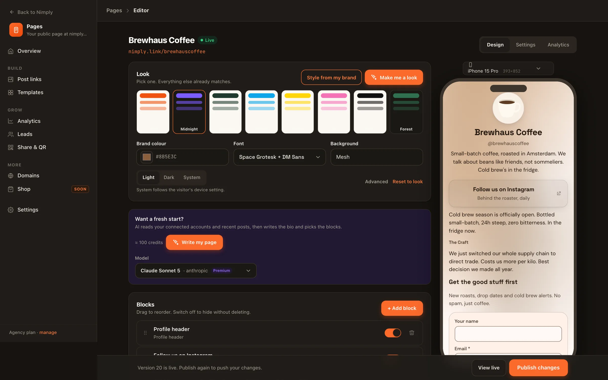 The Nimply Pages editor with looks, brand colour, font, AI page writer, blocks and a live phone preview