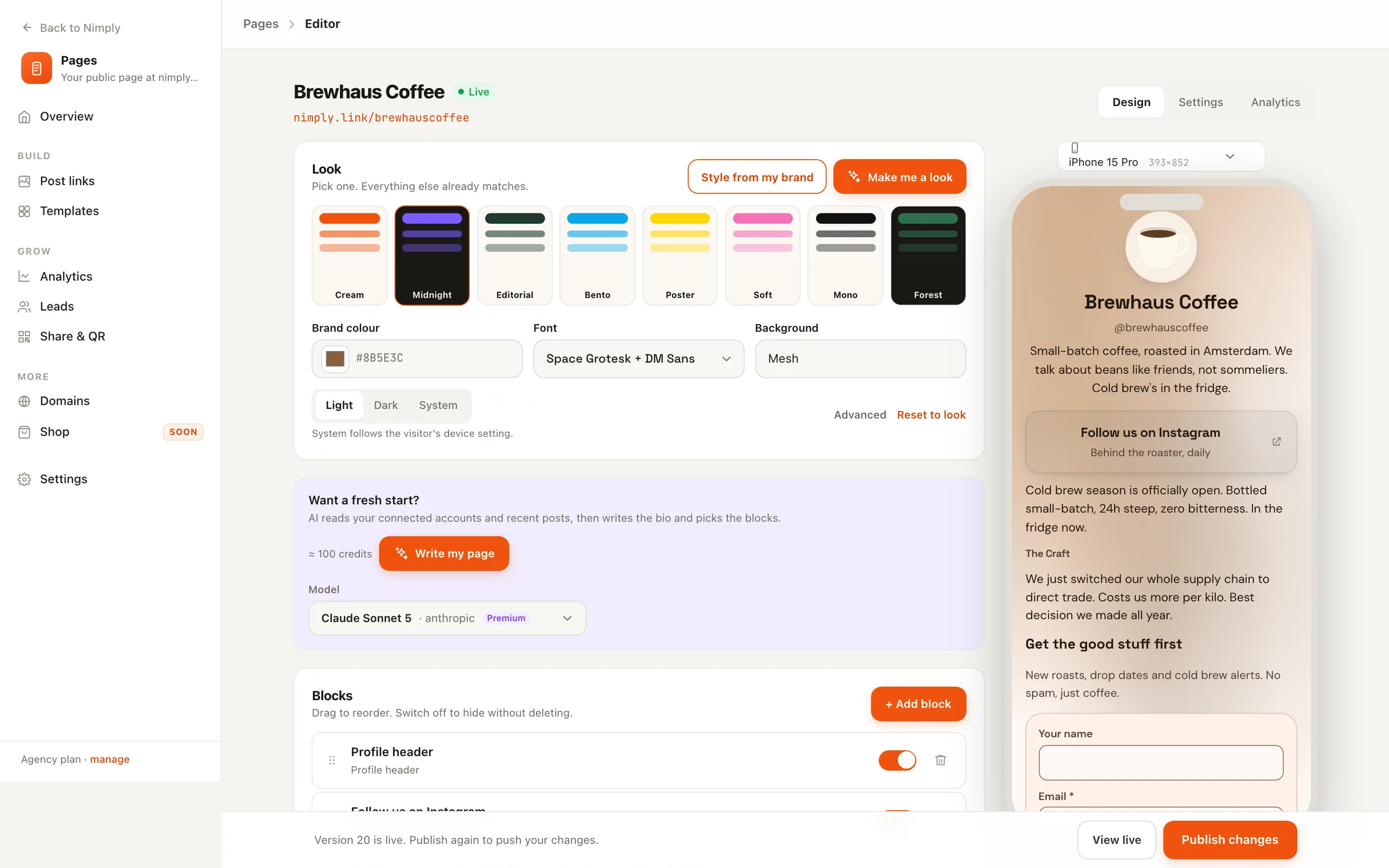 The Nimply Pages editor with looks, brand colour, font, AI page writer, blocks and a live phone preview