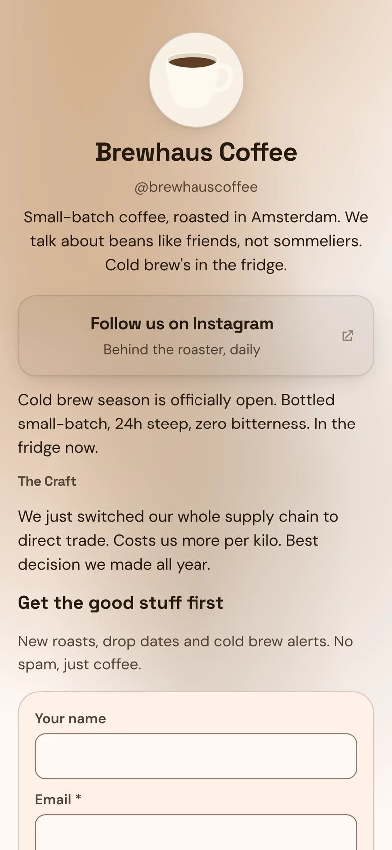 The Brewhaus Coffee page on nimply.link, built from its connected Instagram account