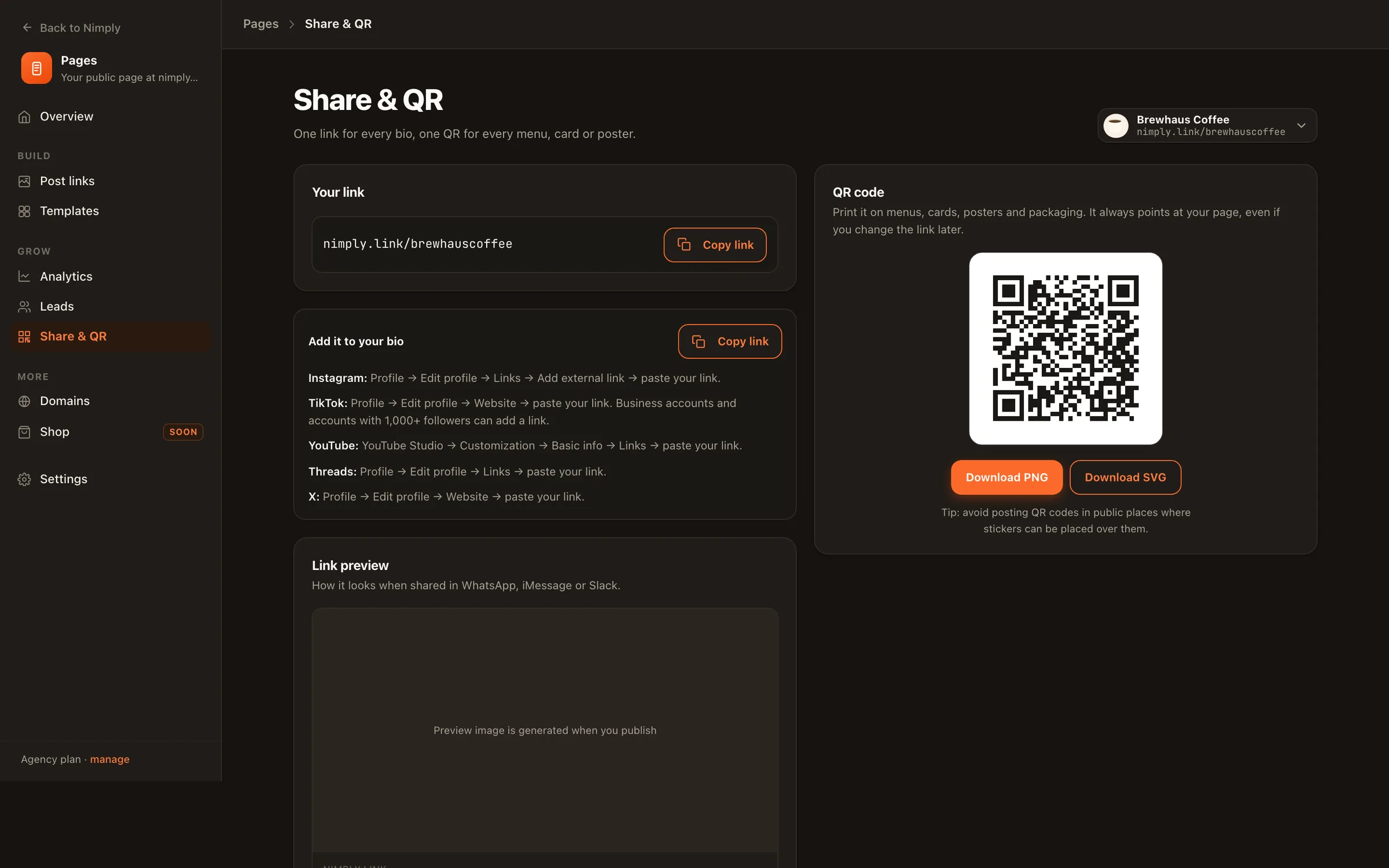 Share & QR: copy your link, bio instructions for each platform, and a QR code download