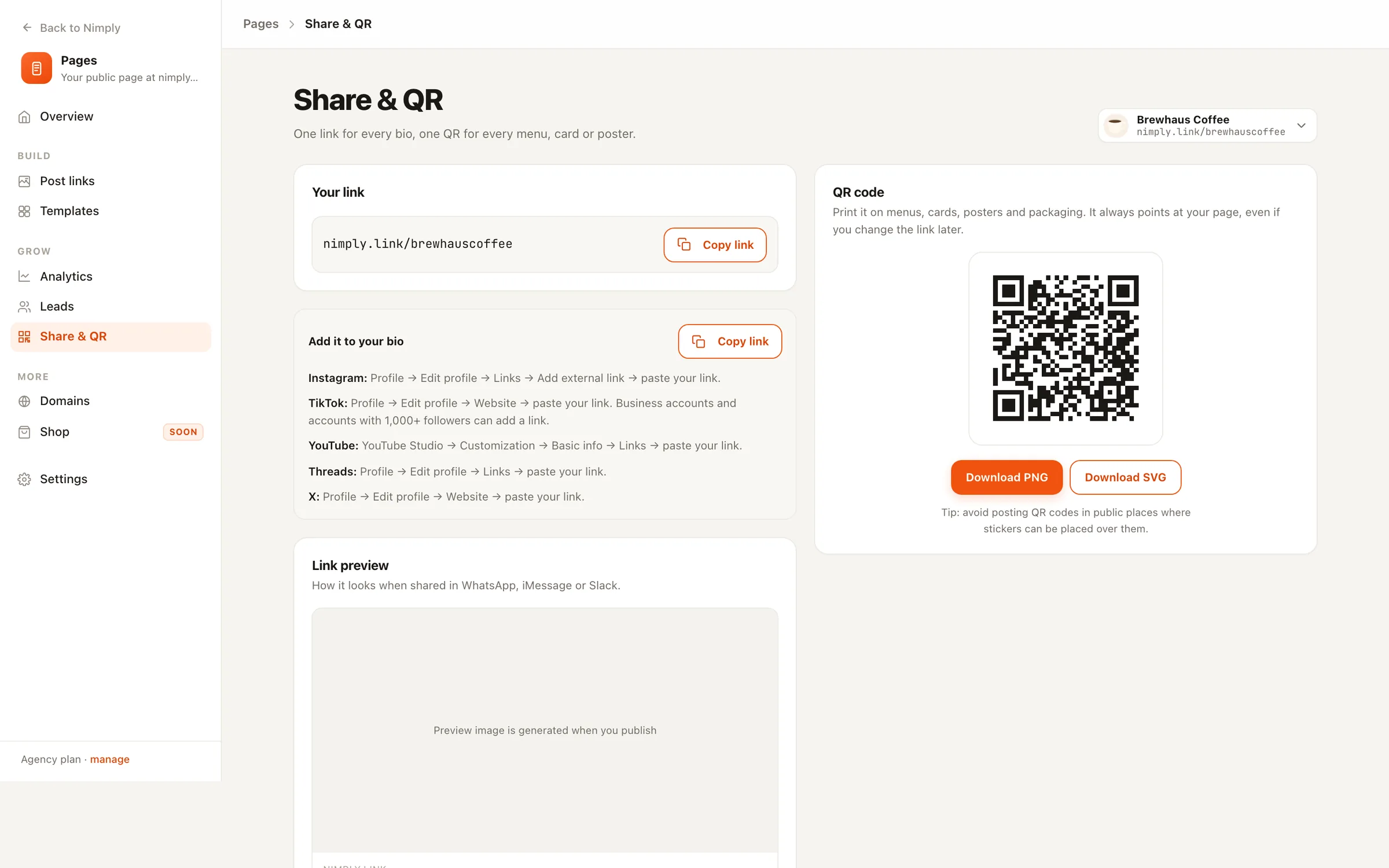 Share & QR: copy your link, bio instructions for each platform, and a QR code download