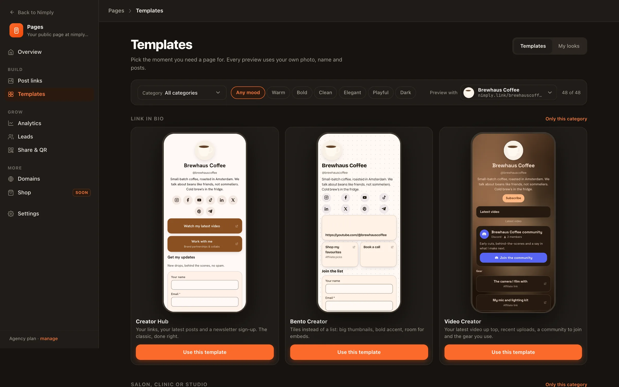 The Nimply Pages template gallery with a category dropdown, mood filters and live previews using your own page