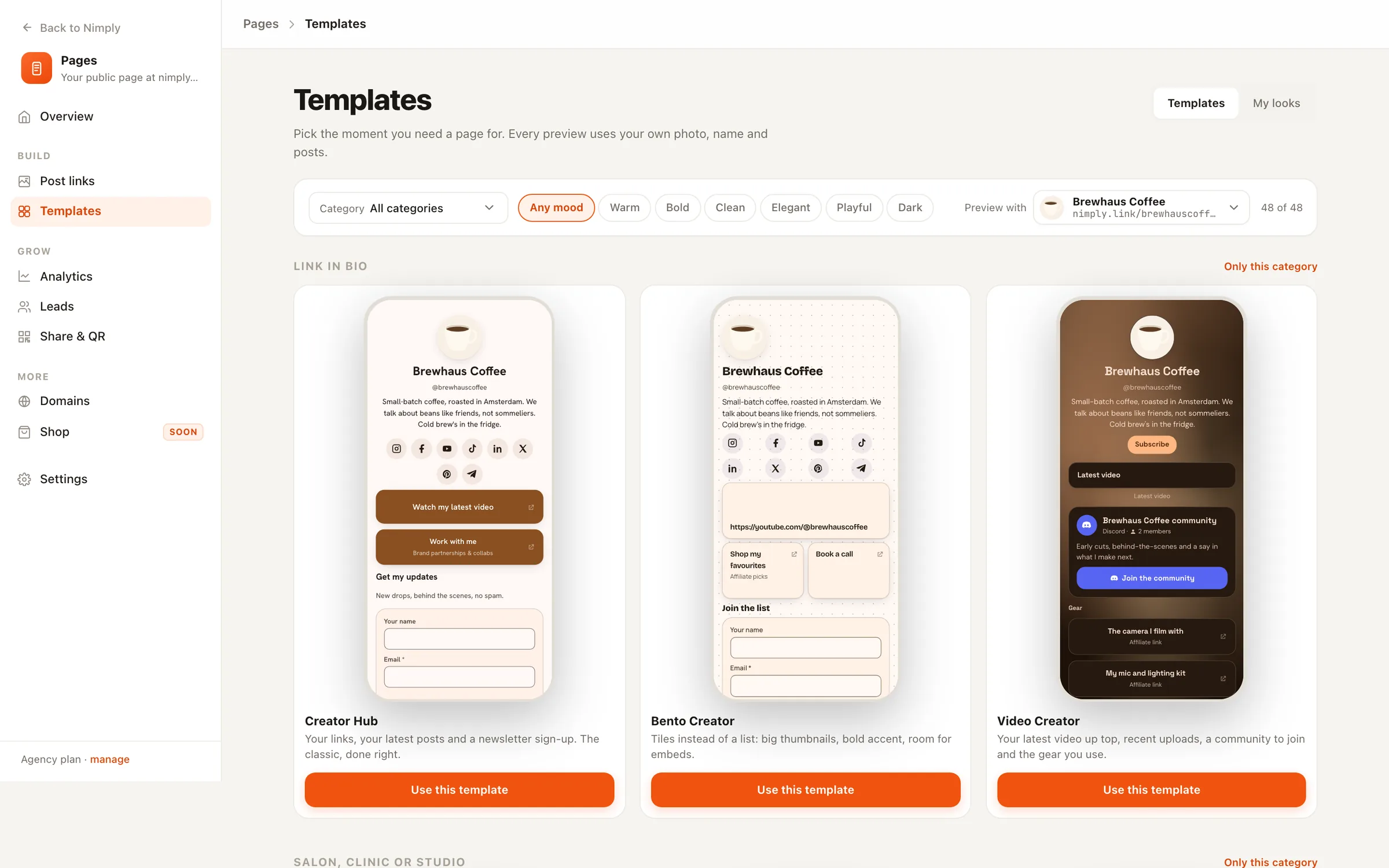 The Nimply Pages template gallery with a category dropdown, mood filters and live previews using your own page