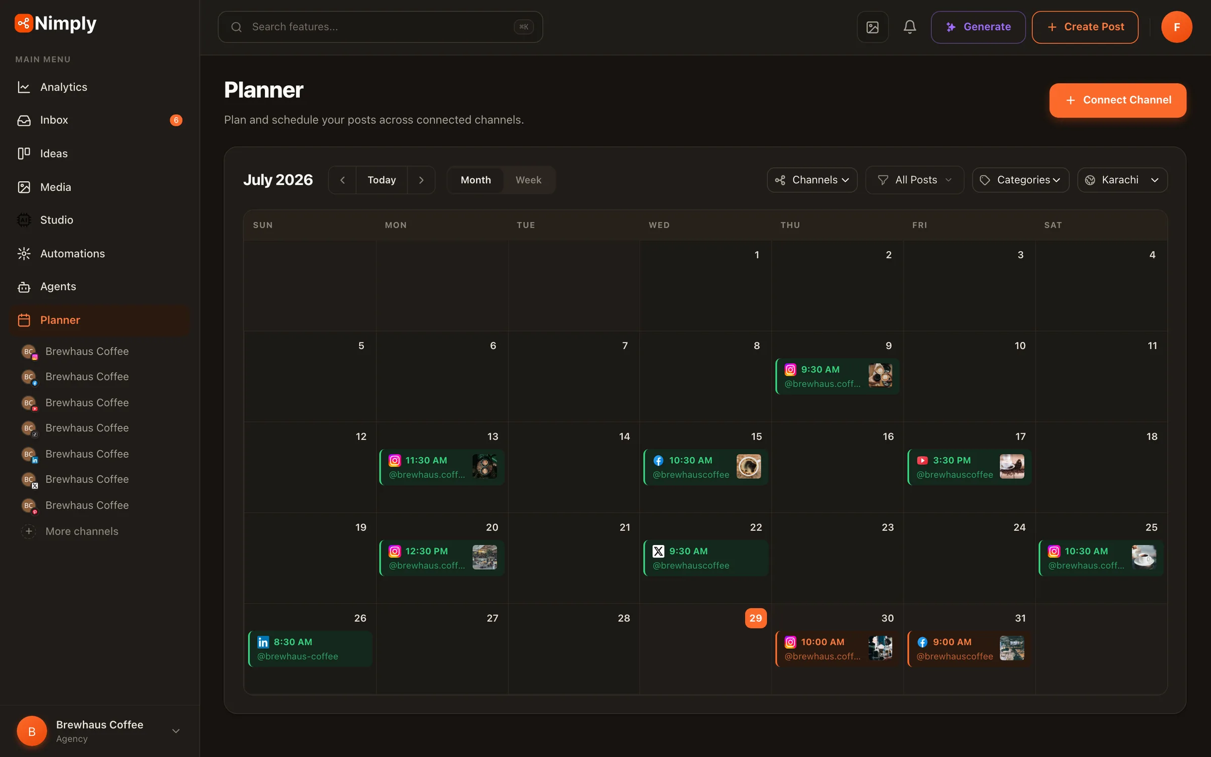 The Nimply planner calendar showing a week of scheduled posts across multiple channels