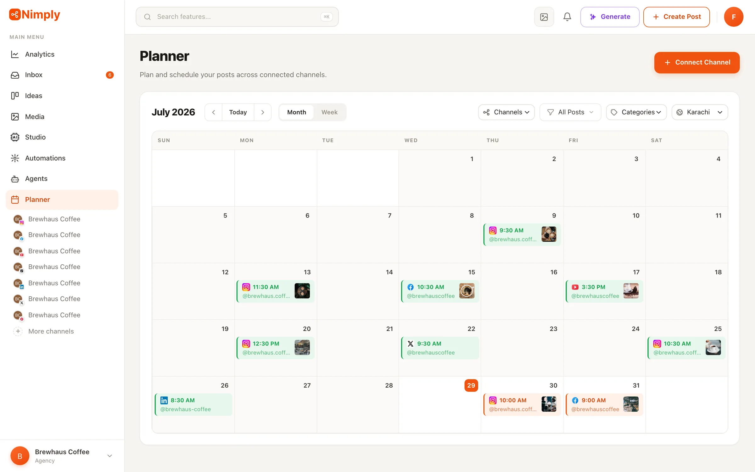 The Nimply planner calendar showing a week of scheduled posts across multiple channels