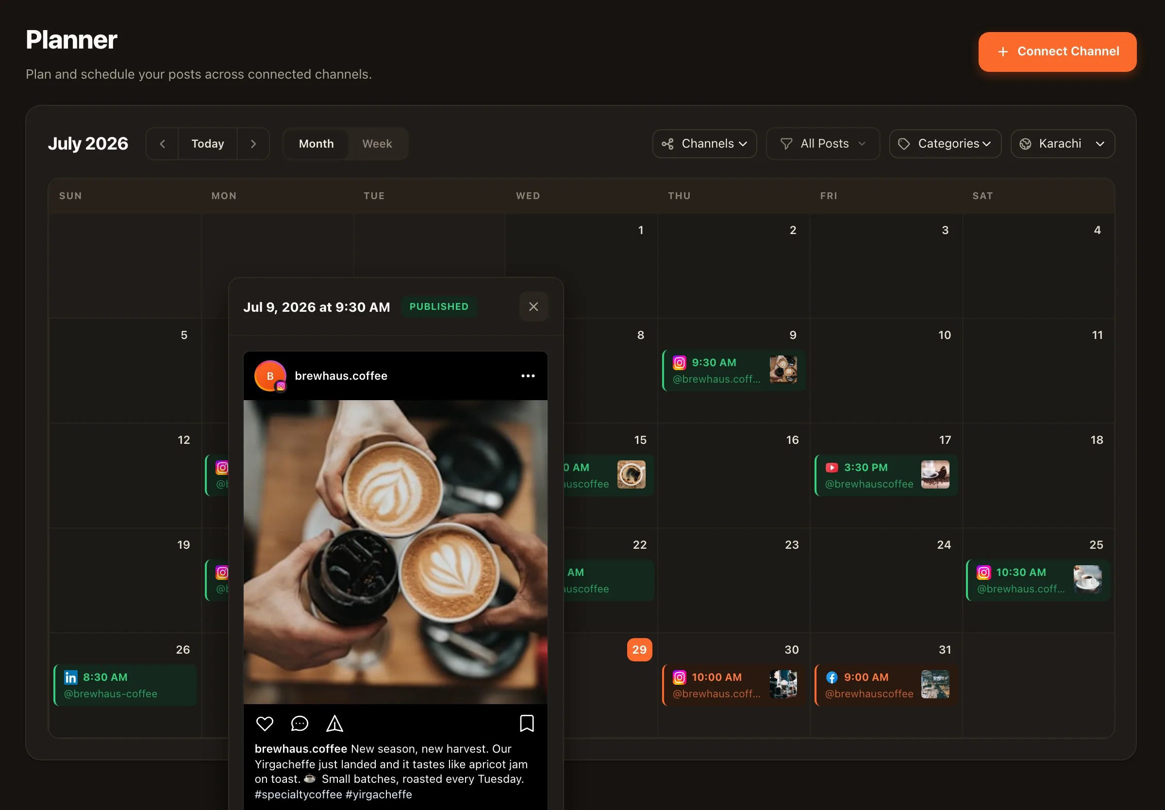 Nimply's post composer showing a platform-specific preview of a scheduled post