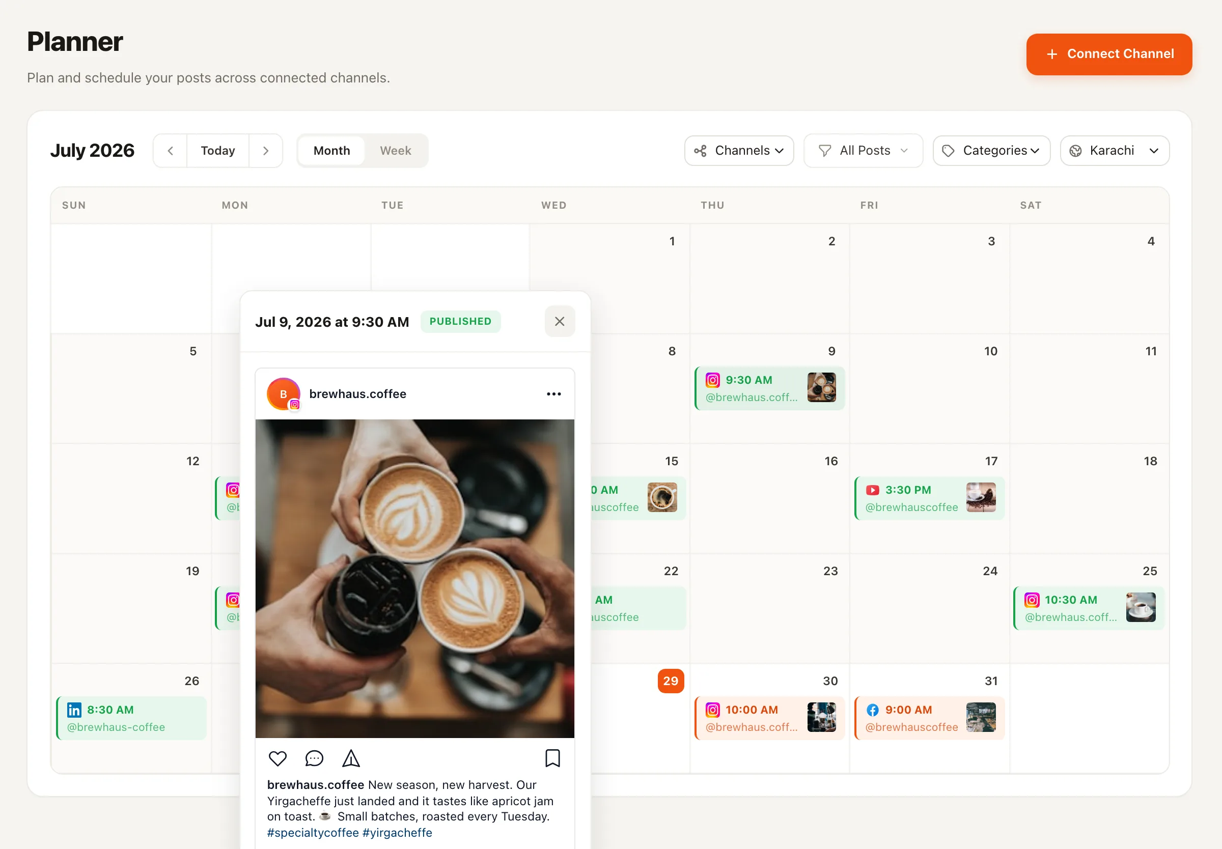 Nimply's post composer showing a platform-specific preview of a scheduled post