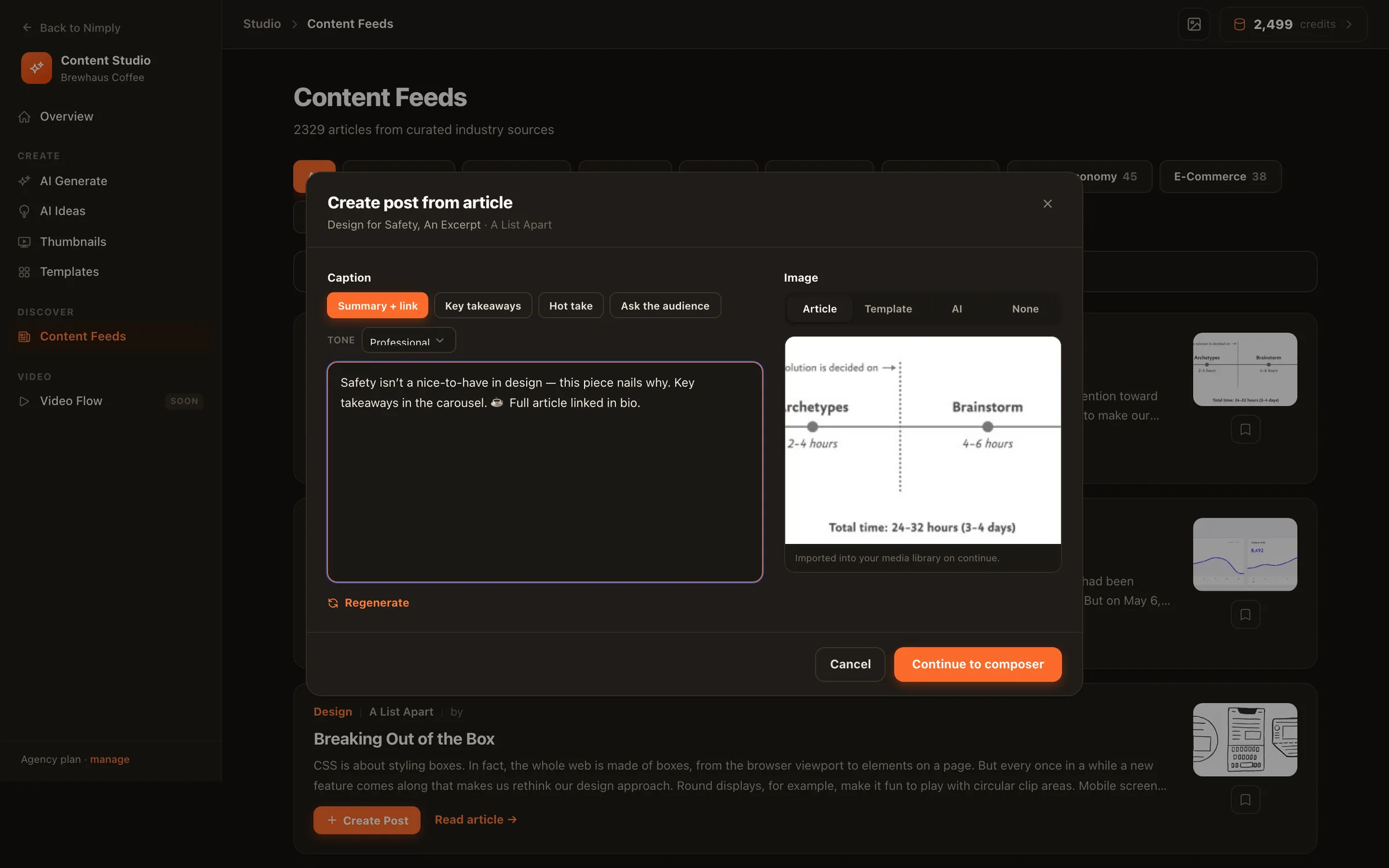 Creating a post from a live industry feed article in Nimply, with the article as context in the composer
