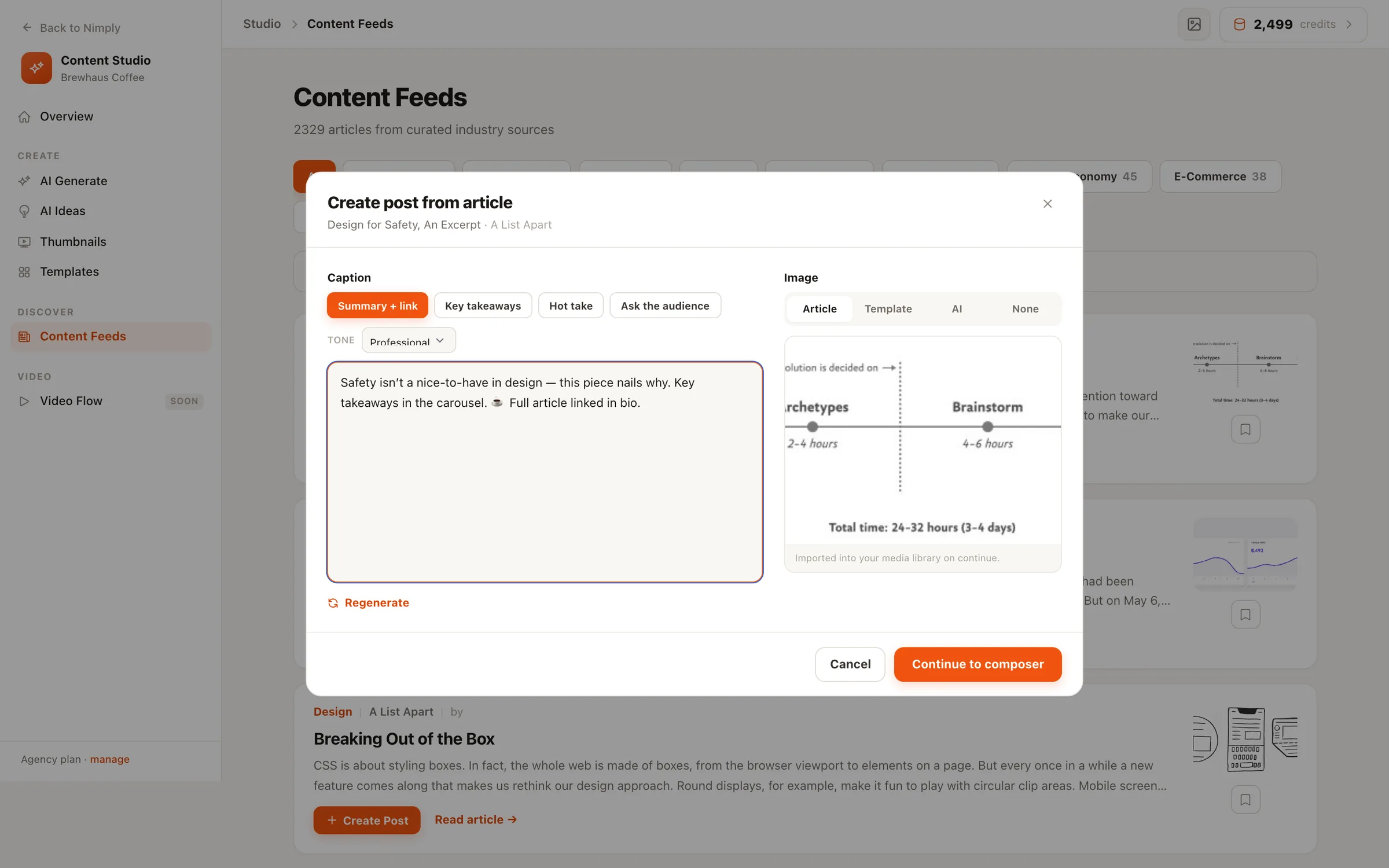 Creating a post from a live industry feed article in Nimply, with the article as context in the composer