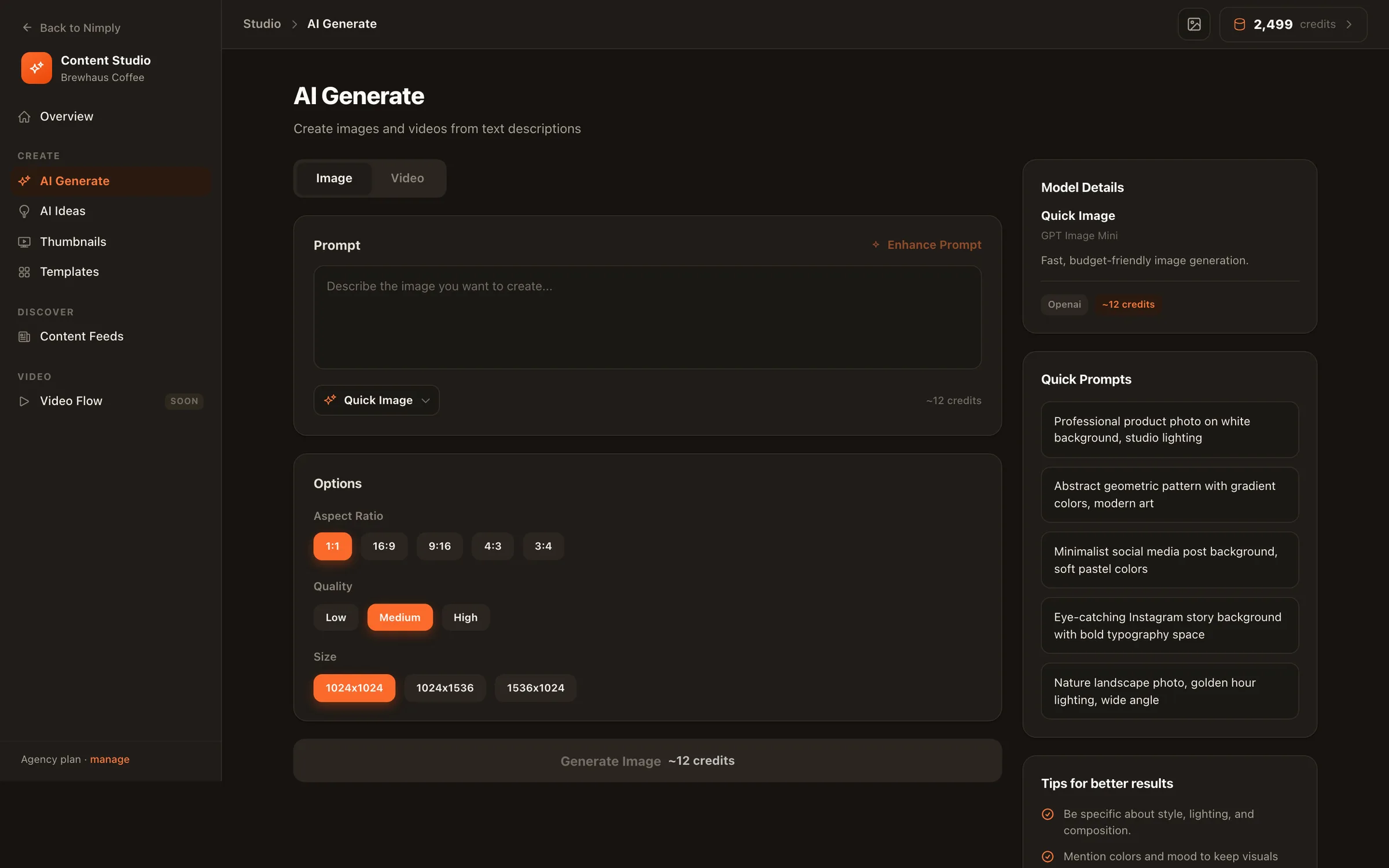 The Nimply Content Studio image generation tool creating a visual from a text description
