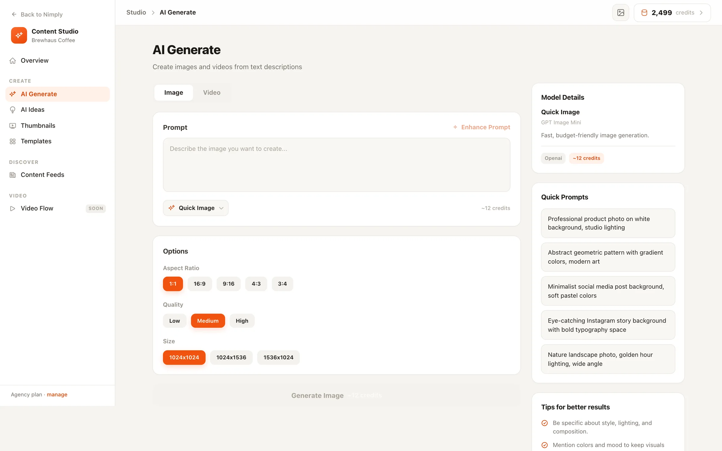 The Nimply Content Studio image generation tool creating a visual from a text description