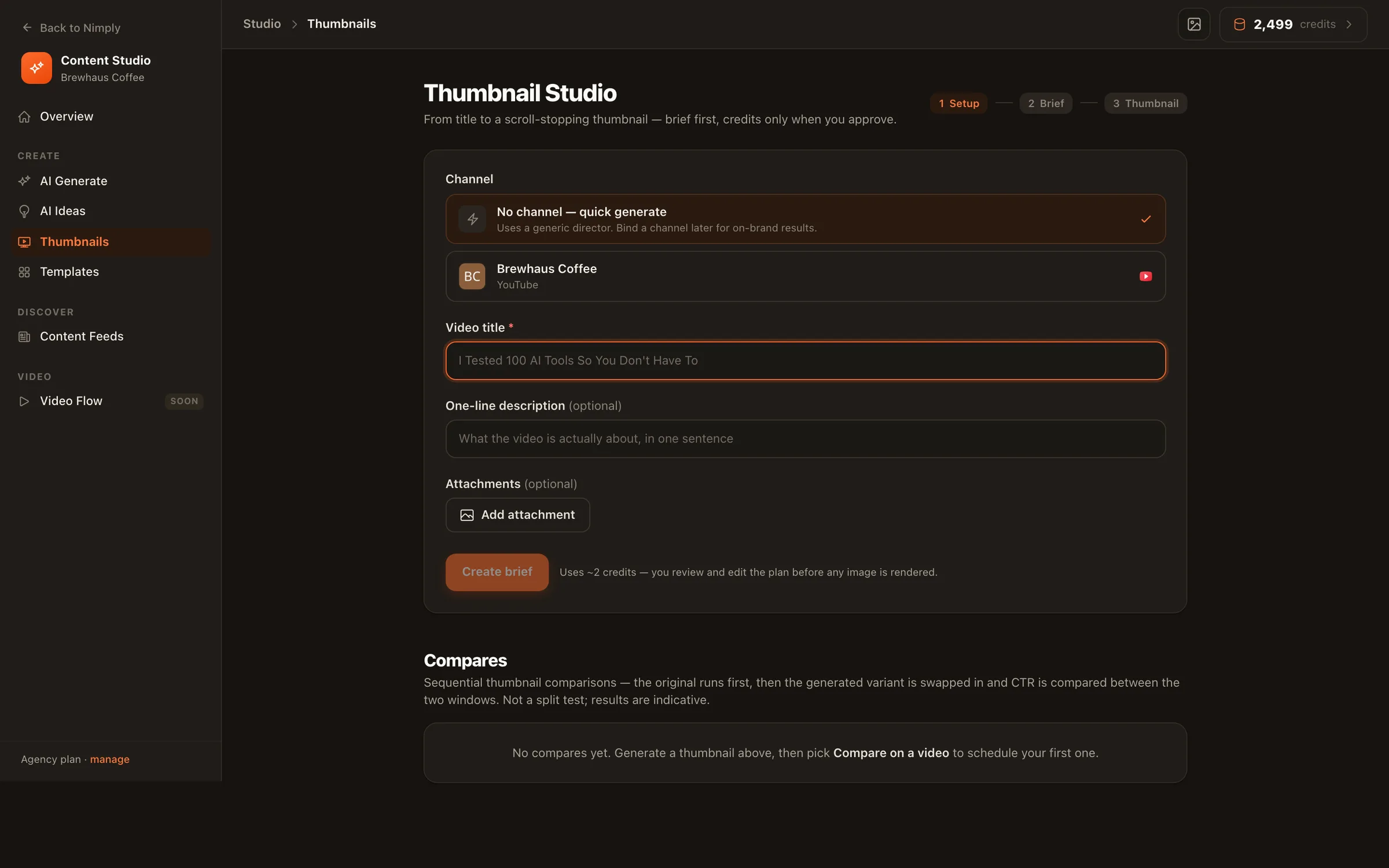 Nimply's YouTube Thumbnail Studio with an editable brief, rendered thumbnail variants, and chat-style edit controls