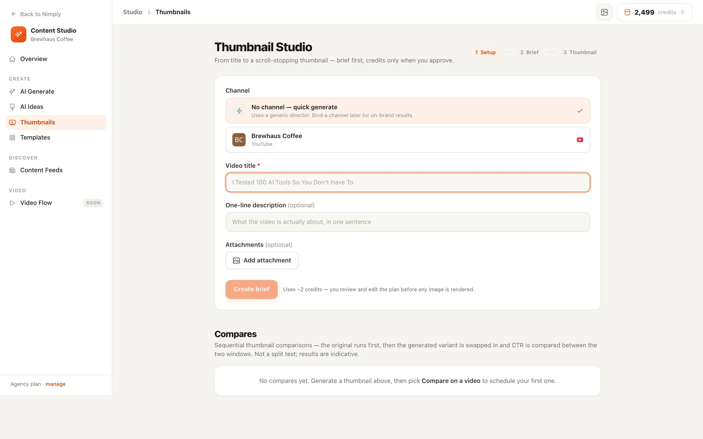 Nimply's YouTube Thumbnail Studio with an editable brief, rendered thumbnail variants, and chat-style edit controls