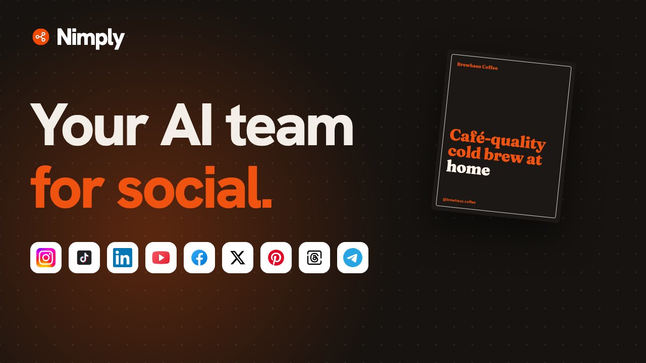The Nimply logo above the line 'Your AI team for social.', the nine network icons, and a carousel cover drafted for a coffee shop