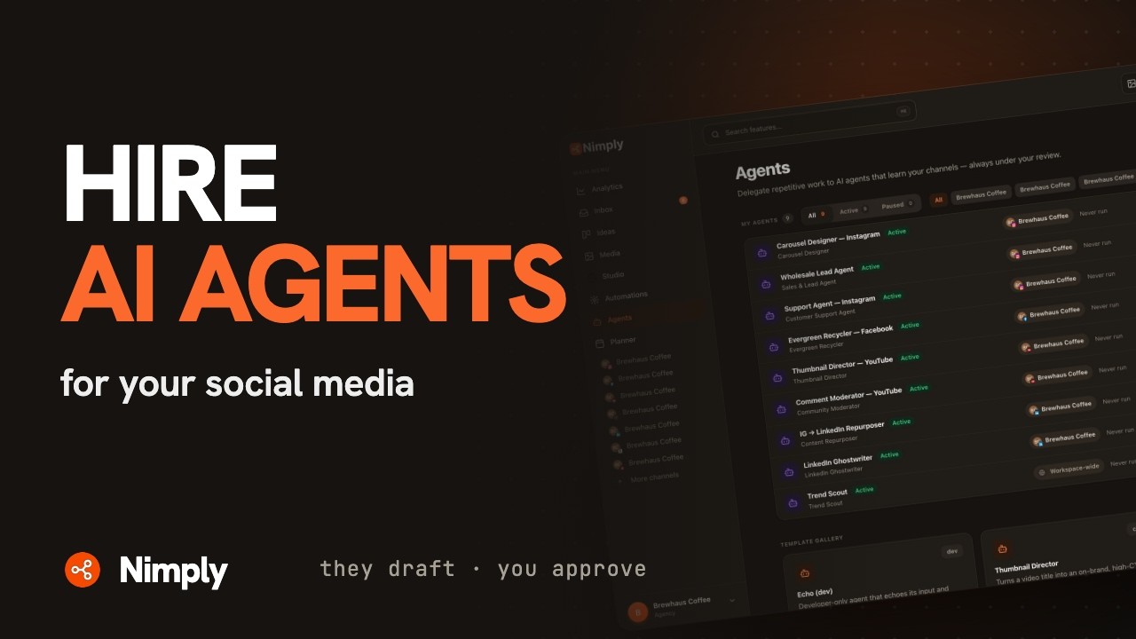 Nimply's Agents page behind the title 'Hire AI agents for your social media — they draft, you approve'