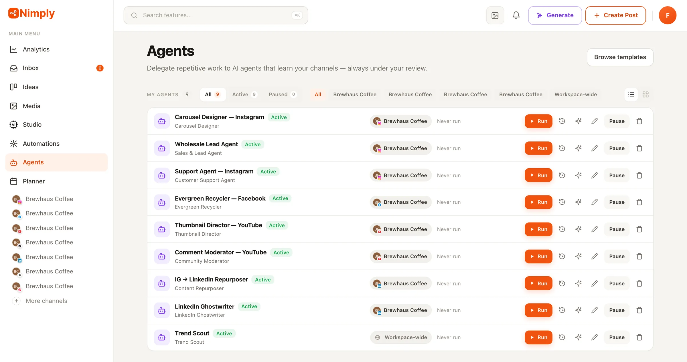 Installed agents in a Nimply workspace, each with its own configuration and run history