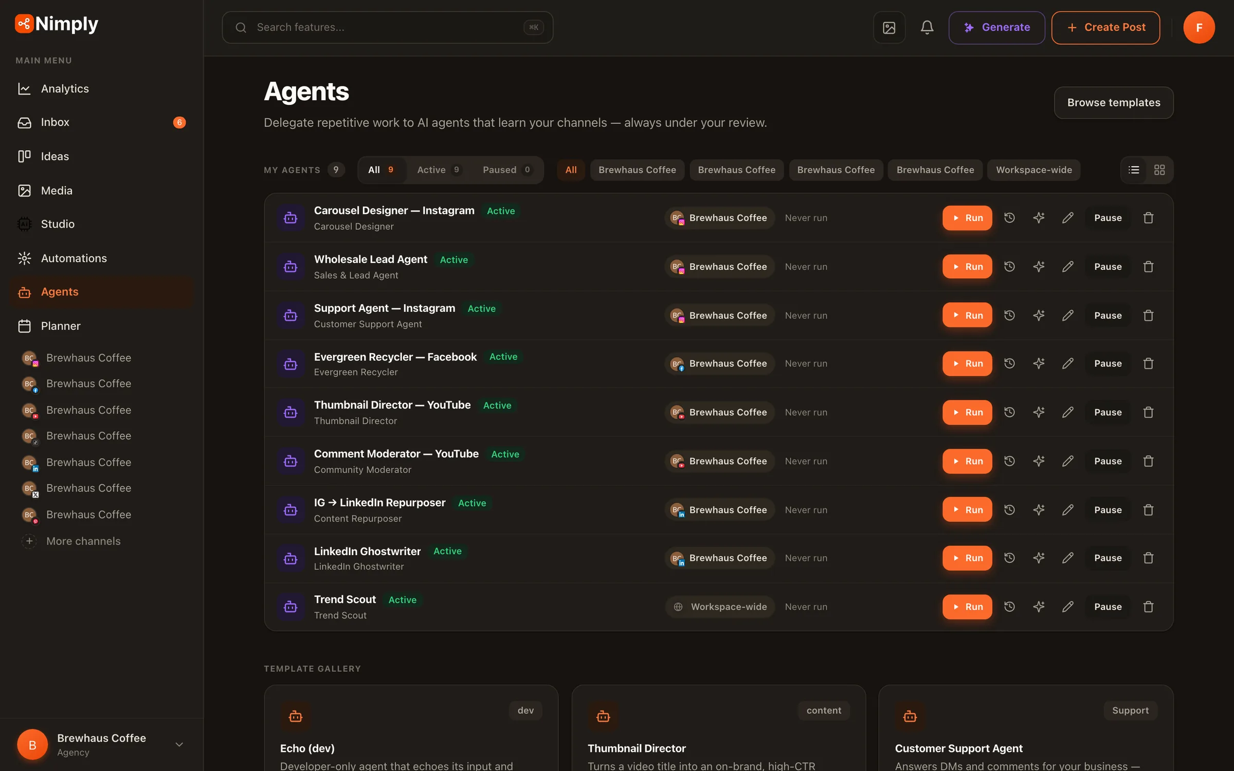 The Nimply agent template gallery with task-specific agent cards and per-run credit estimates