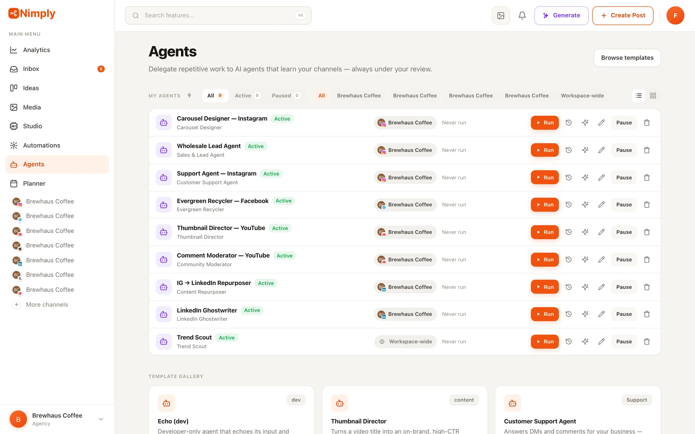 The Nimply agent template gallery with task-specific agent cards and per-run credit estimates